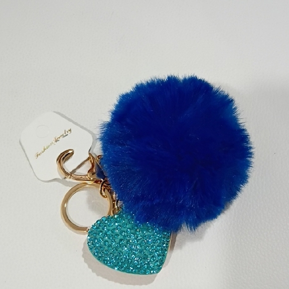 Fashion Jewelry Accessories - Fashion Jewelry Royal Blue Pom Pom Bag Charm/ Keychain with Glitter Heart